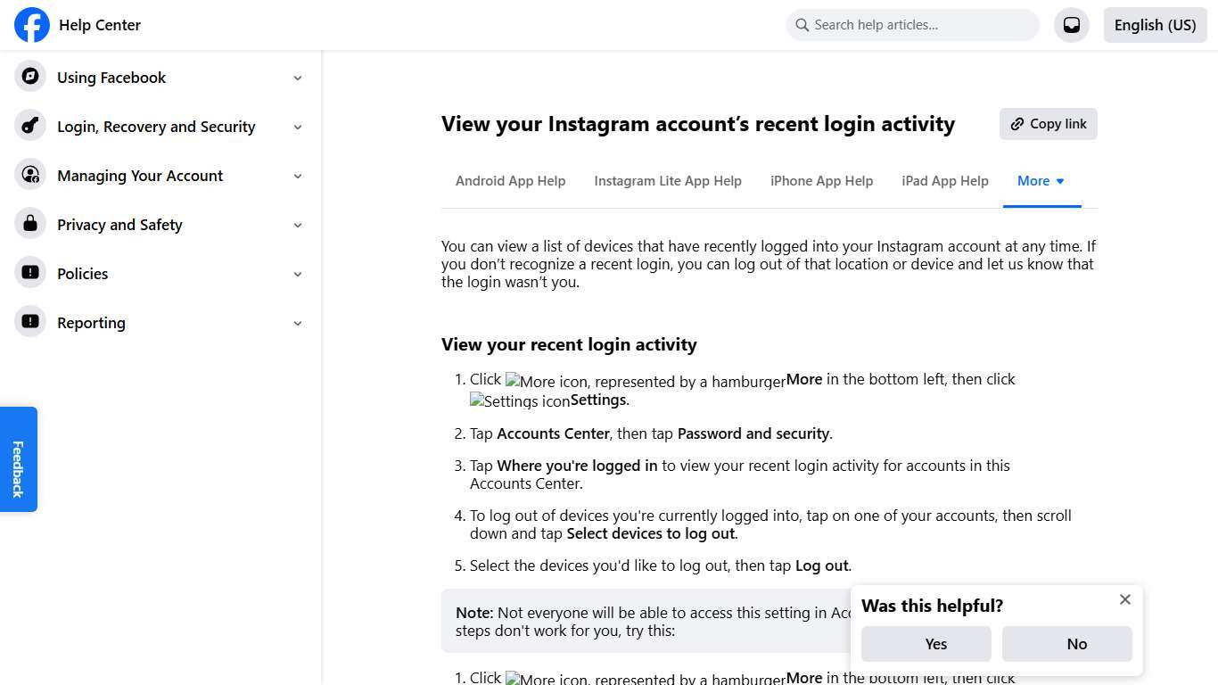 View your Instagram account’s recent login activity | Facebook Help Center