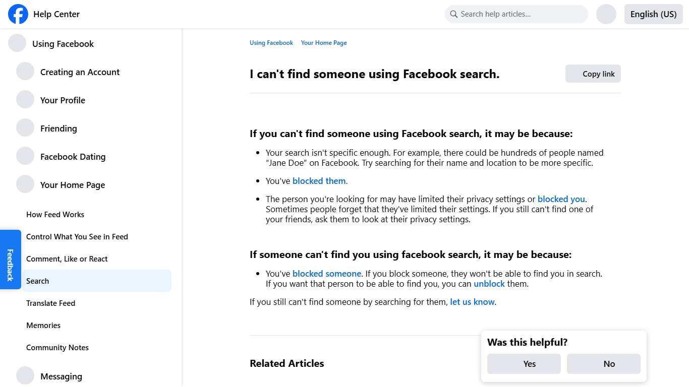 I can't find someone using Facebook search. | Facebook Help Center